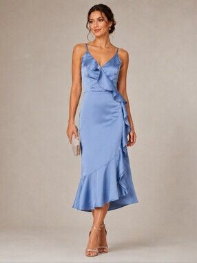 DKNY Periwinkle Blue Satin Ruffle V-neckline Party Wedding Midi Dress Sz 4